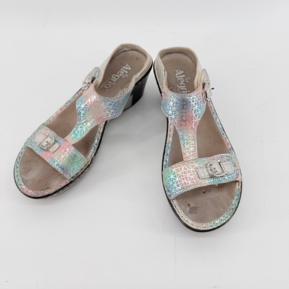 Alegria Lara Silver Multi Iridescent Geometric Leather Wedge Sandals EU 39